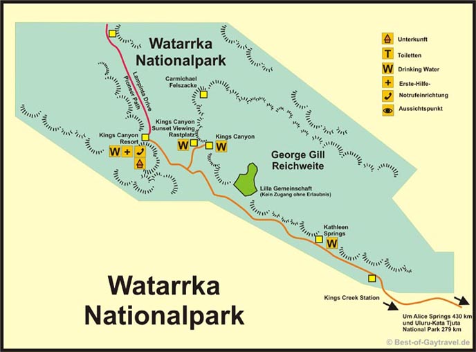 Karte Wataranka National Park und Kings Canyon in Australien.