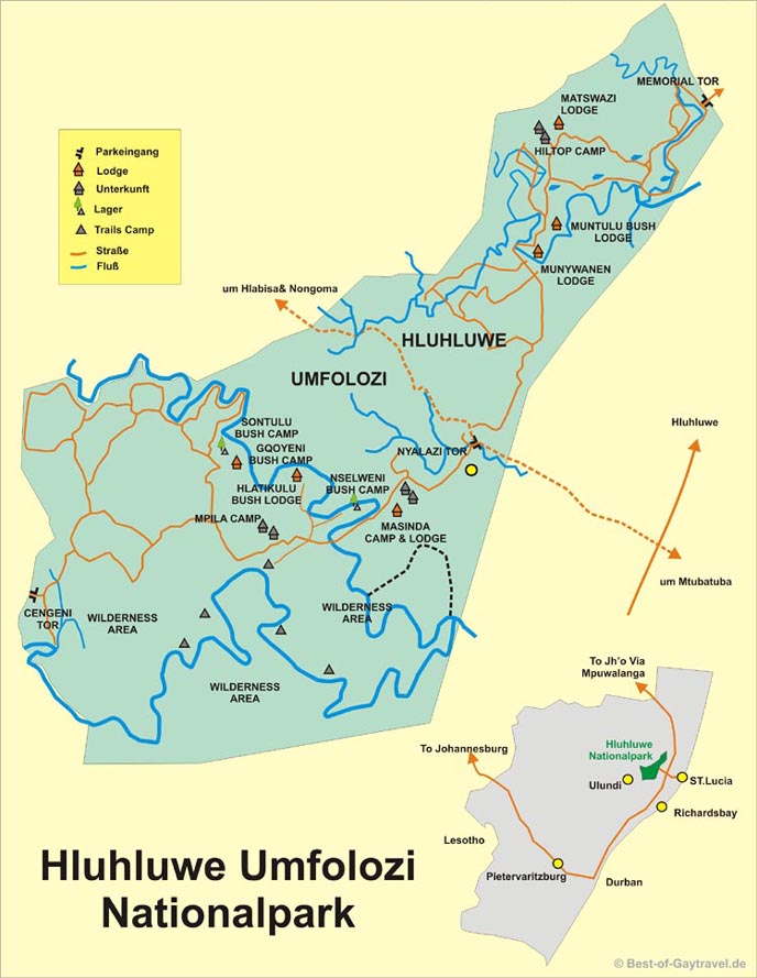 Karte des Hluhuewe Umfolozi Nationalparks in Südafrika